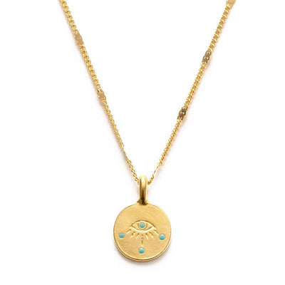 evil eye of protection pendant necklace in 14k gold plate with turquoise enamel detail