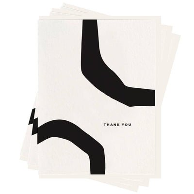 stack of white thank you notes with black design and "thank you" lettering