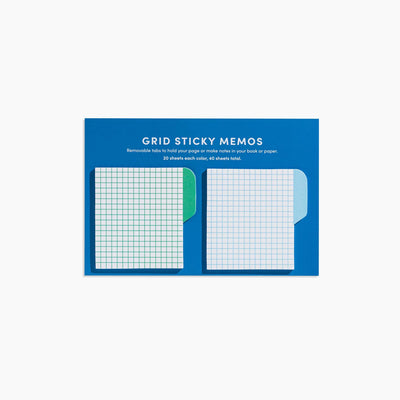 "Grid Sticky Memos" front shows 2 pads of sticky notes, one with a green grid and one with a blue grid, both with a colored tab sticking out on the right of each page of the pads.