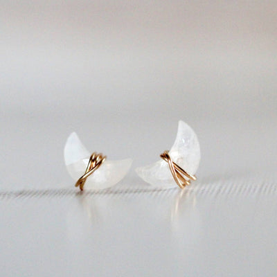 earring studs with moonstone gemstones in a moon shape wrapped in 14k gold fill earring wire