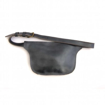 Back of metallic black leather belt bag showing adjustable waist strap