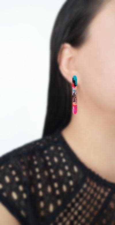 pink and blue watercolor bar stud earrings