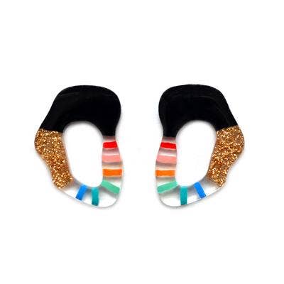 rainbow stripes and gold glitter resin squiggle circle earrings