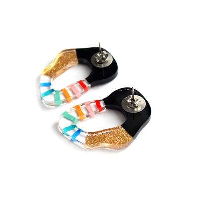 rainbow stripes and gold glitter resin squiggle circle earrings