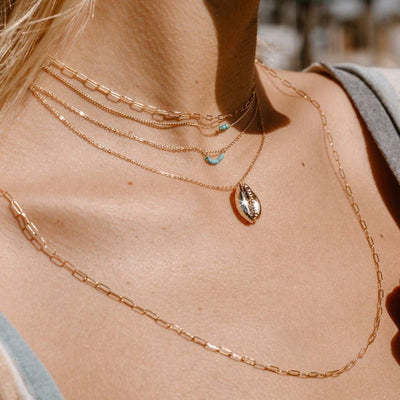 Tiny turquoise necklace on model