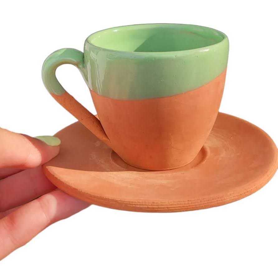 light green lacquer on terracotta turkish espresso mug and saucer