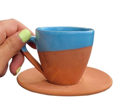 blue lacquer on terracotta turkish espresso mug and saucer