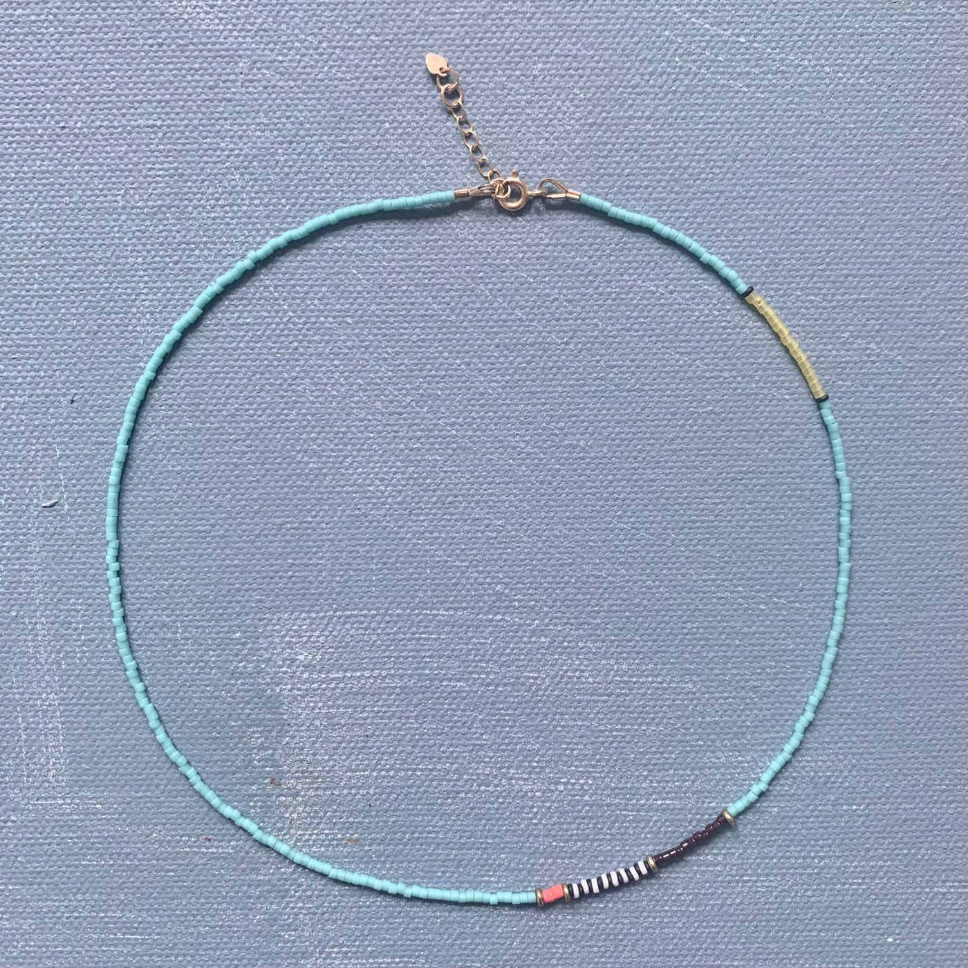 turquoise thinnest line Japanese beaded necklace by Alice Rise