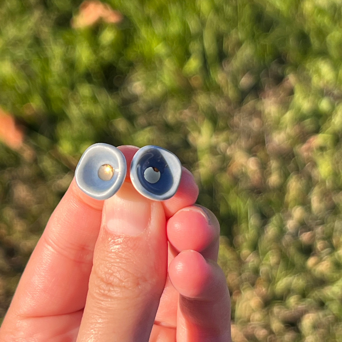 blue porcelain bowl stud earrings with gold centers