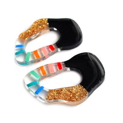 rainbow stripes and gold glitter resin squiggle circle earrings