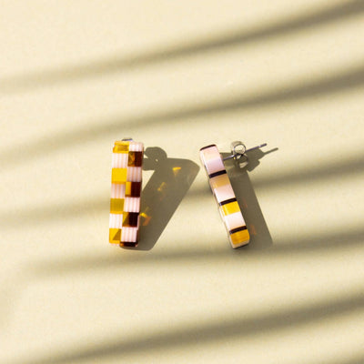 checkered brown and pink acetate bar earrings