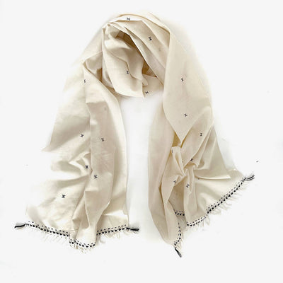 white cotton embroidered scarf with navy blue detailing