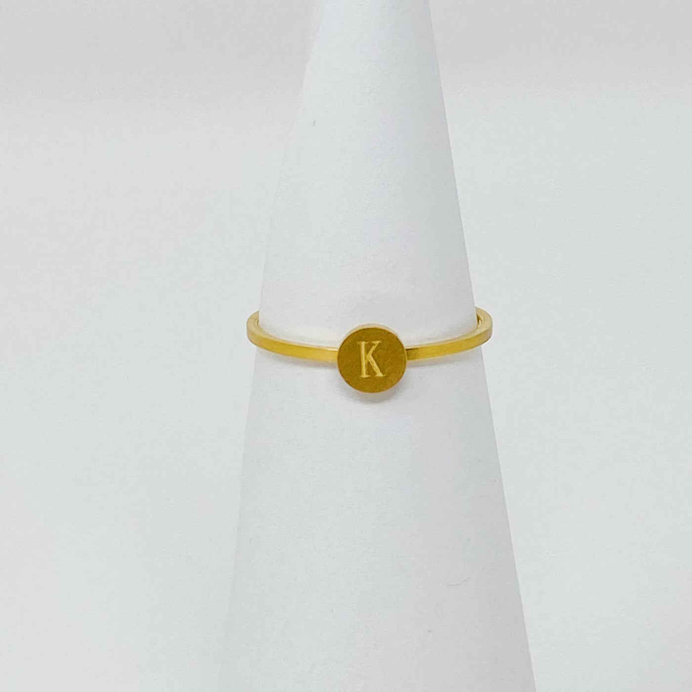 18k gold plated stainless steel monogram ring with "K" initial