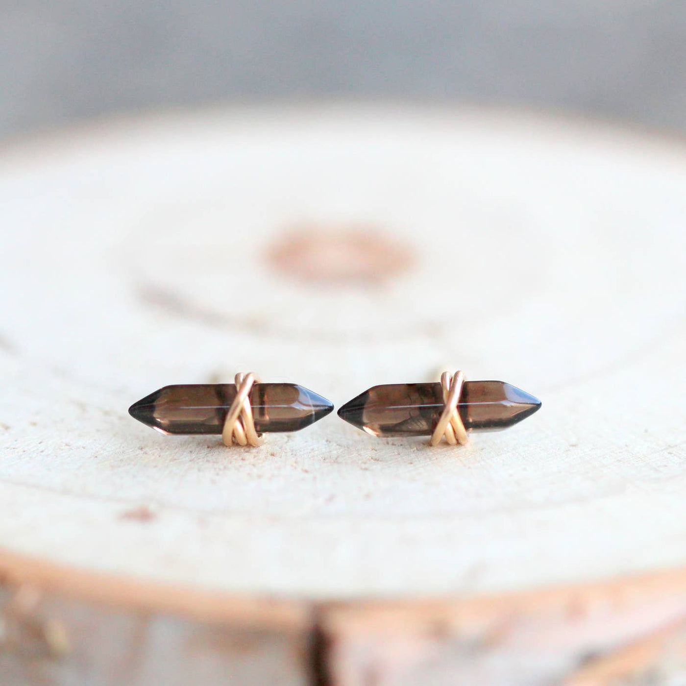 Stud earrings with smokey quartz gemstones wrapped in 14k gold fill earring wire