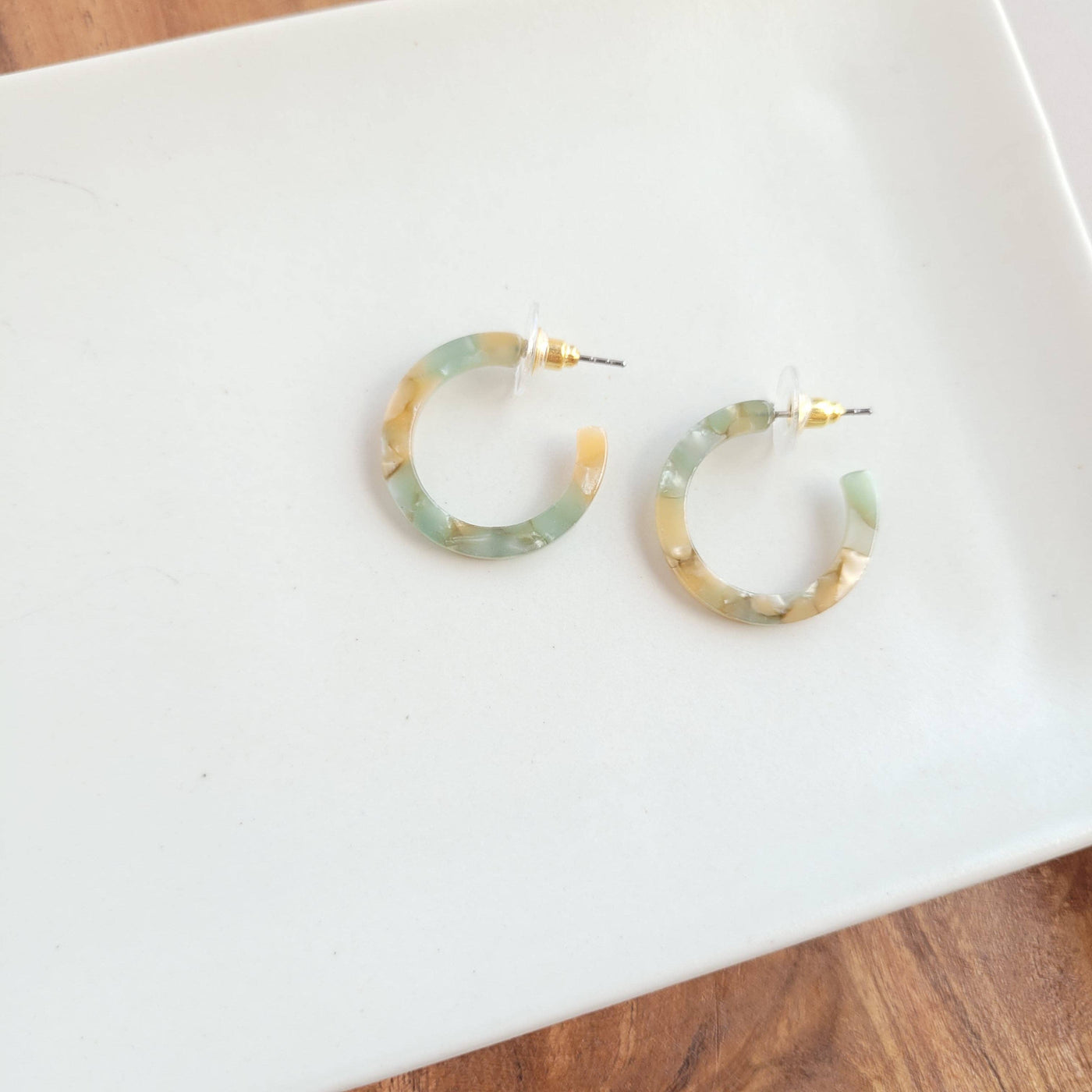 mini green and gold acetate hoops