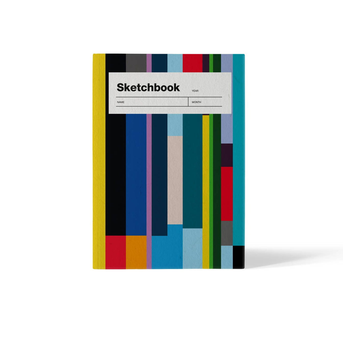 front cover of sketchbook with bars of bright colors in red, yellow, blue, purple, green and black; title of "sketchbook" sits at the top with spaces for year, name and month to be written