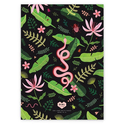 back cover of journal of wild ideas with black, pink and green floral pattern