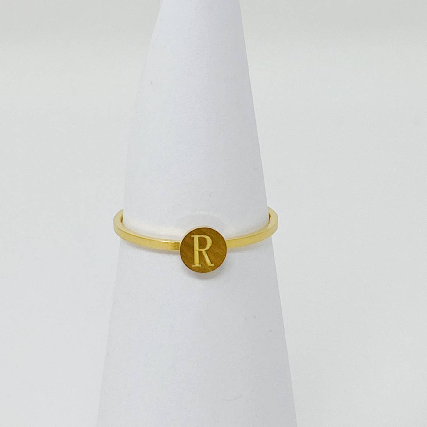 18k gold plated stainless steel monogram ring with "R" initial