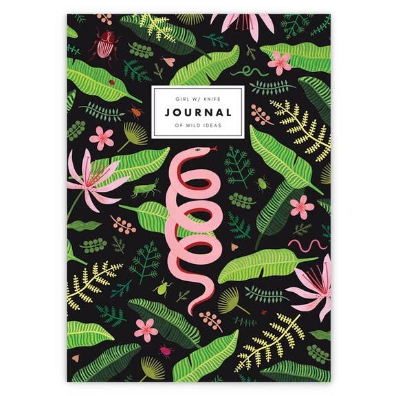 journal of wild ideas cover with black background, green leaves and pink flowers