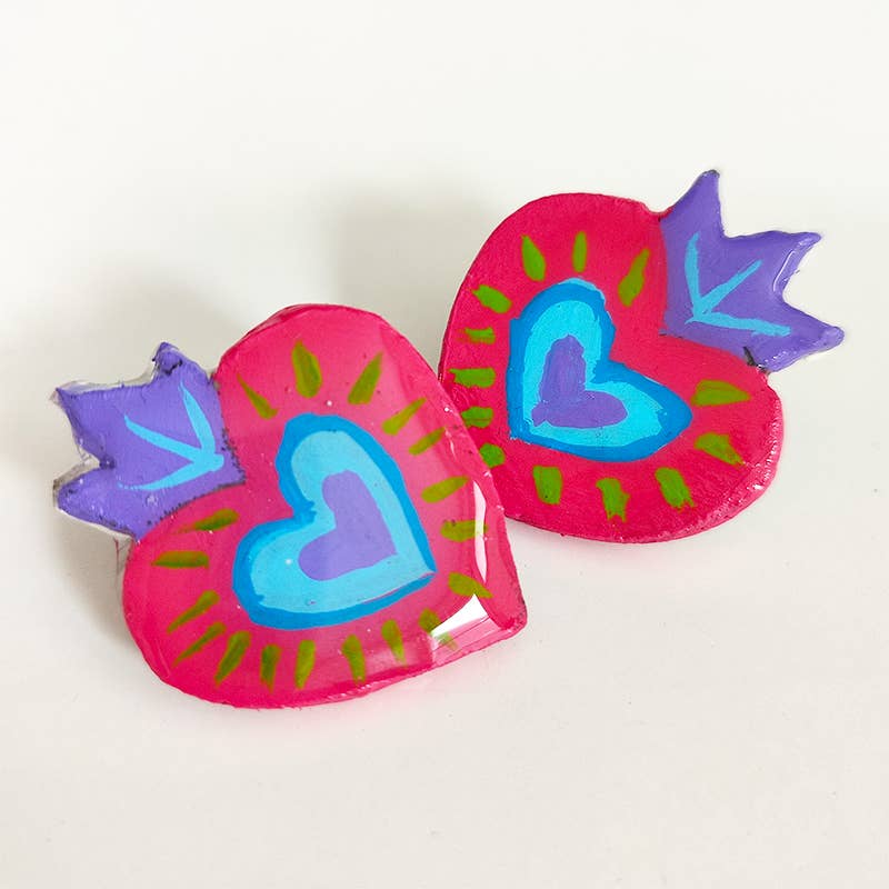 Mexican heart stud earrings painted with pink, blue, purple and green