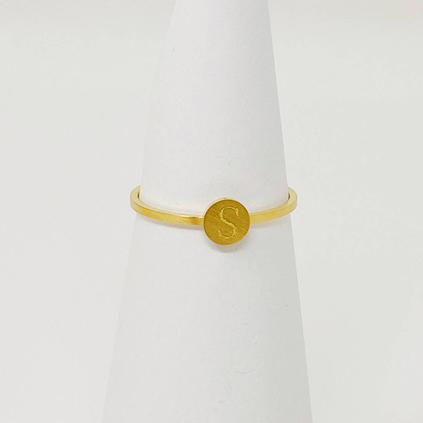 18k gold plated stainless steel monogram ring with "S" initial