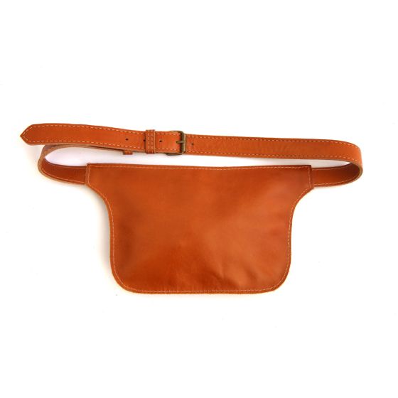 Back of camel color brown leather belt bag with single top zipper