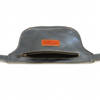 Metallic black leather belt bag with zipper open to reveal unlined super soft leather interior