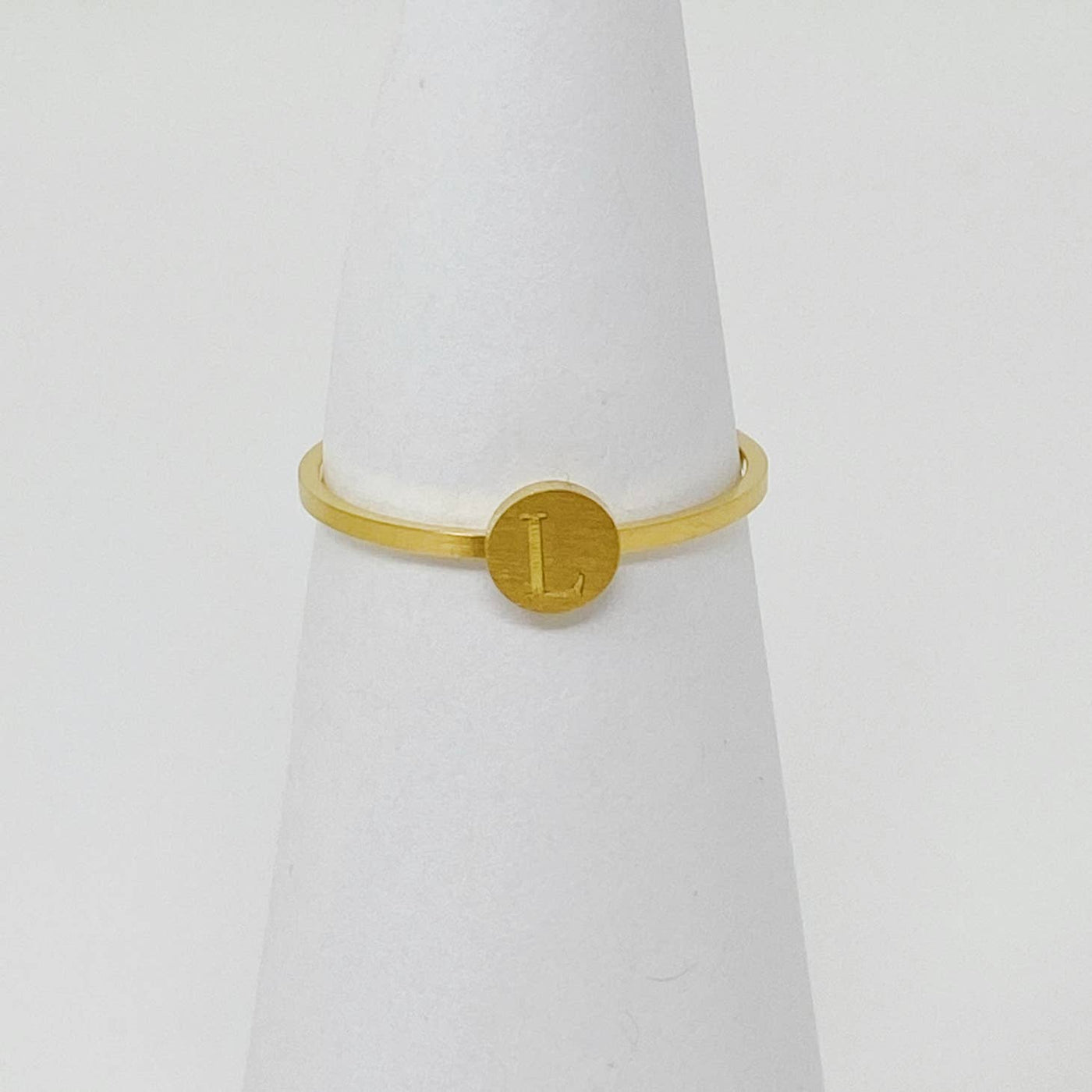 18k gold plated stainless steel monogram ring with "L" initial