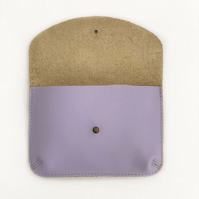 Lavender color leather wallet, opened to reveal super soft unlined interior