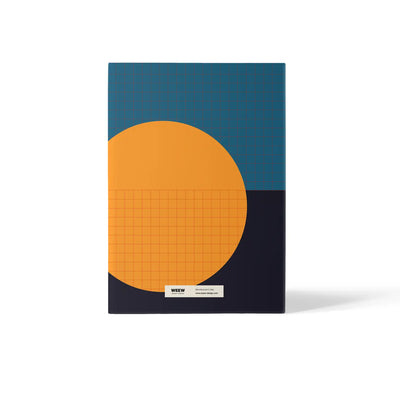 back cover of undated planner with blue and yellow and a grid pattern
